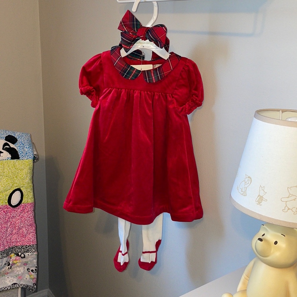 Christmas red velour dress w/ plaid 3-6 months 3 Piece Set w/headband tights